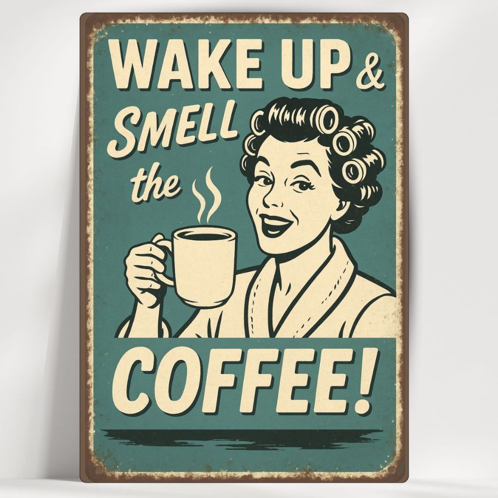 Quadro Decorativo Cantinho do Café Vintage - Wake up & Smell the Coffee - Em MDF - com fita