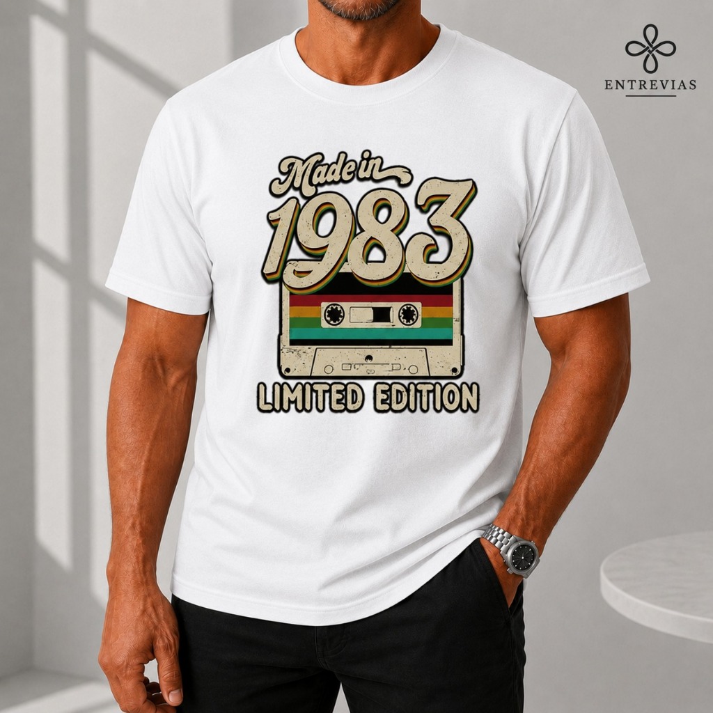 T shirt casual gola redonda para homem com design de fita vintage 1983 perfeita para o verão retro