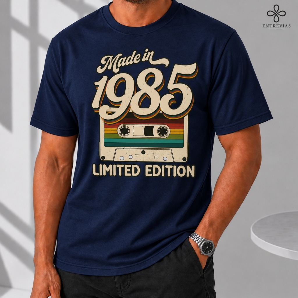 T shirt casual gola redonda para homem com design de fita vintage 1985 perfeita para o verão retro