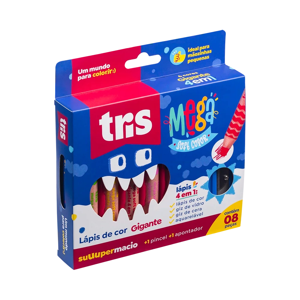 🌈✏️ Lápis de Cor Mega Soft Color 4 em 1 – 6 Cores + Apontador + Pincel – Tris