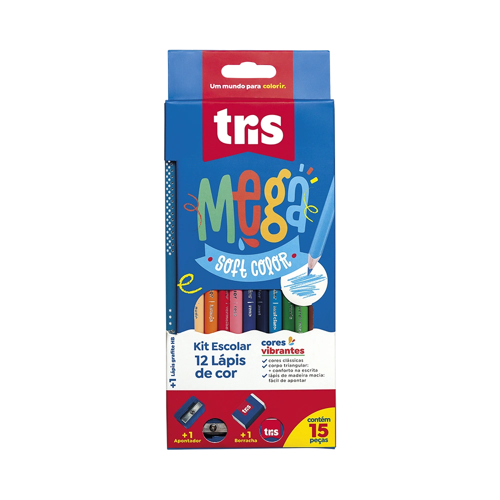 🌈✏️ Lápis de Cor Mega Soft Color 12 Cores + Apontador + Borracha – Tris