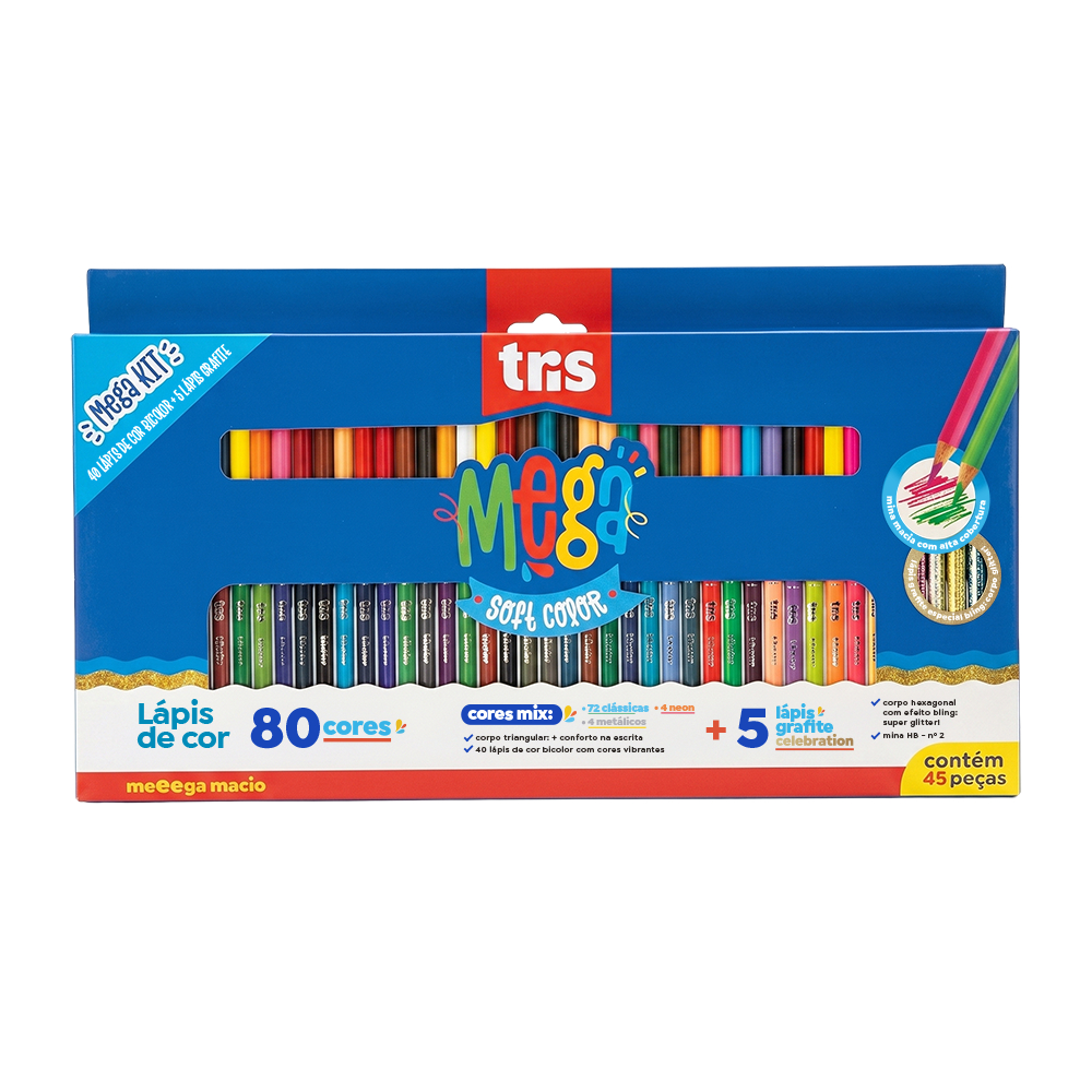 ✏️🌈 Lápis de Cor Ponta Dupla Mega Soft Color – 80 Cores + 5 Lápis Grafite – Tris