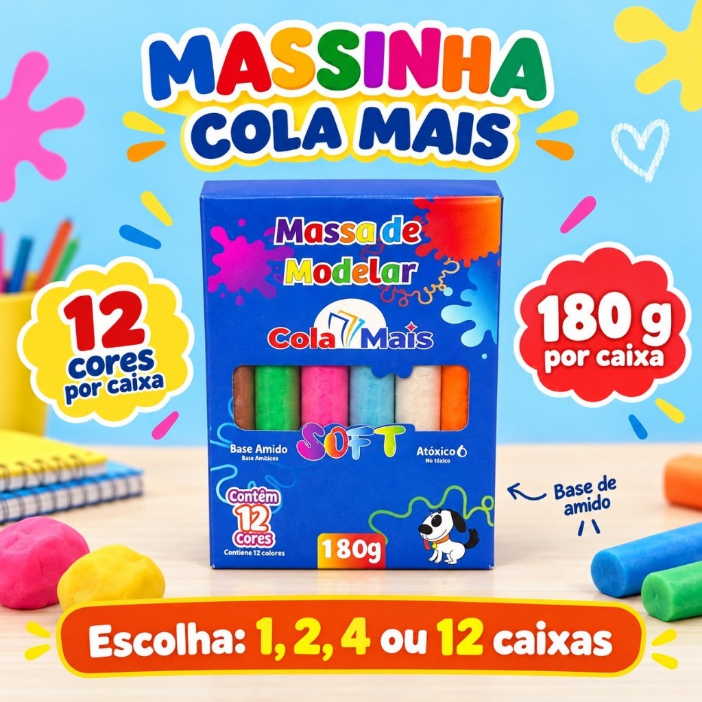 Massinha de Modelar Cola Mais Soft 12 Cores 180g por Caixa Kit 1, 2, 4 ou 12 Caixas