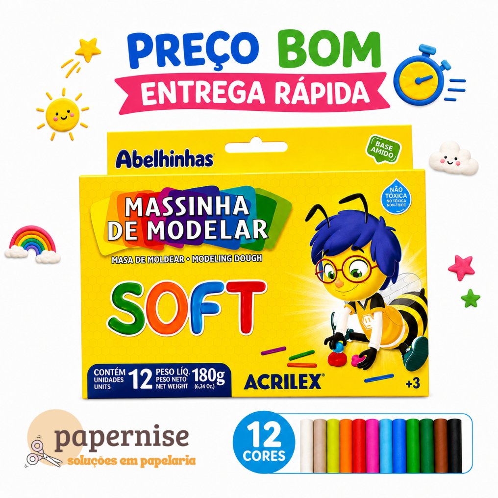 Massinha de Modelar Soft Acrilex – 6 ou 12 Cores para Brincar Escola Arte Artesanato