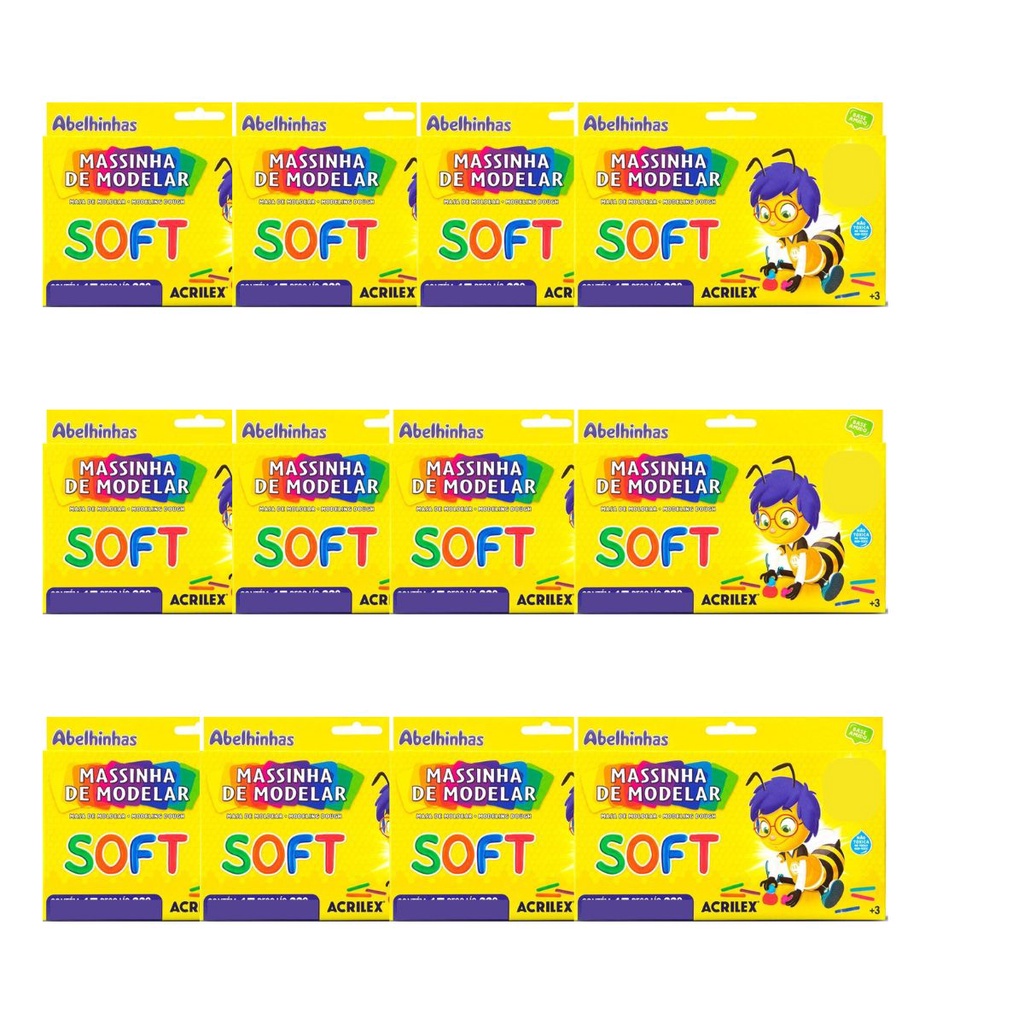 KIT 12 MASSINHA DE MODELAR ESCOLAR SOFT 180G 12 CORES MACIA  ACRILEX