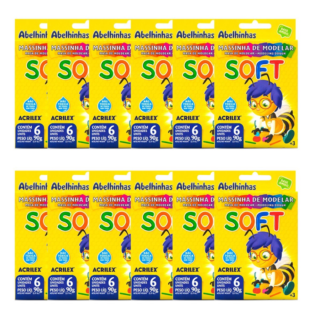 KIT 12 MASSINHA DE MODELAR SOFT 90G 6 CORES LEMBRANCINHA PERSONALIZADOS ESCOLAR ACRILEX