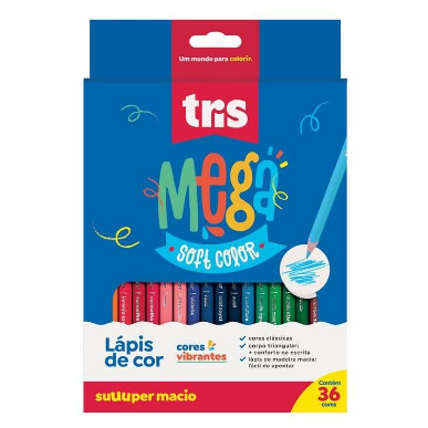 Lápis de Cor Tris 36 Cores Mega Soft Color Super Macio Escolar Papelaria Infantil Arte Criança