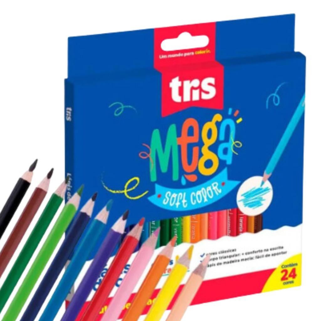 Lápis de Cor Tris 24 Cores Mega Soft Color Colorido Escolar Papelaria Arte Infantil Criança