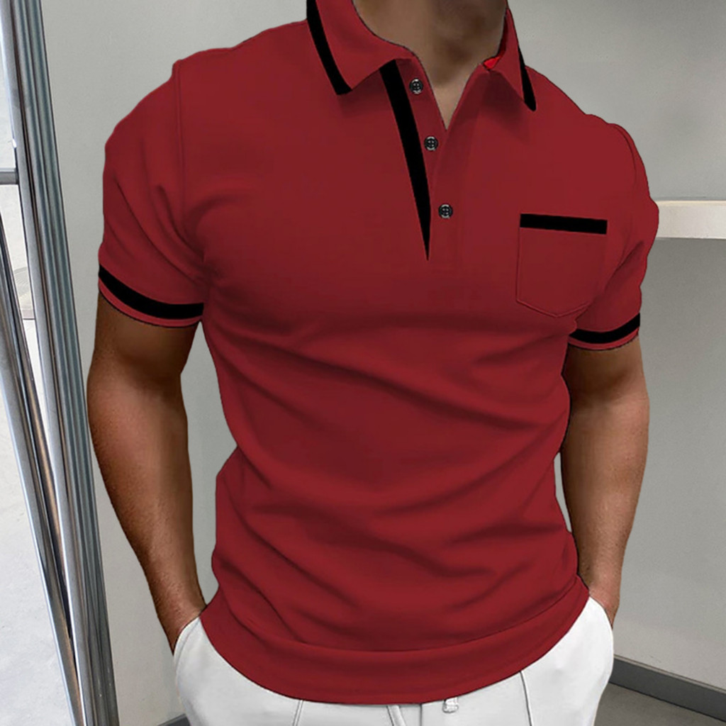 Men Summer Top Daily Men's Shirt Short Sleeve Turn-down Collar Breathable Slim Fit Casual Pullover with Contrast Color P