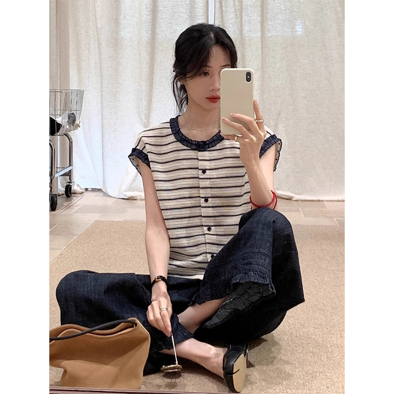 Textured striped contrast color lace blouse for women, sweet and gentle style, elegant top for summer