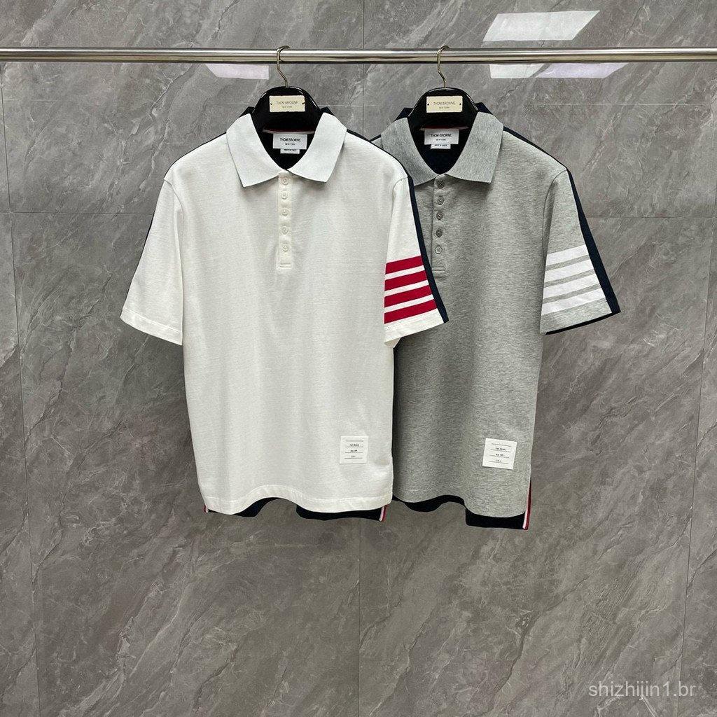 EVSX New Spring/Summer Classic Four-Bar Stripe Contrast Color Collar POLO Short-sleeved shirts for men and women, suitab