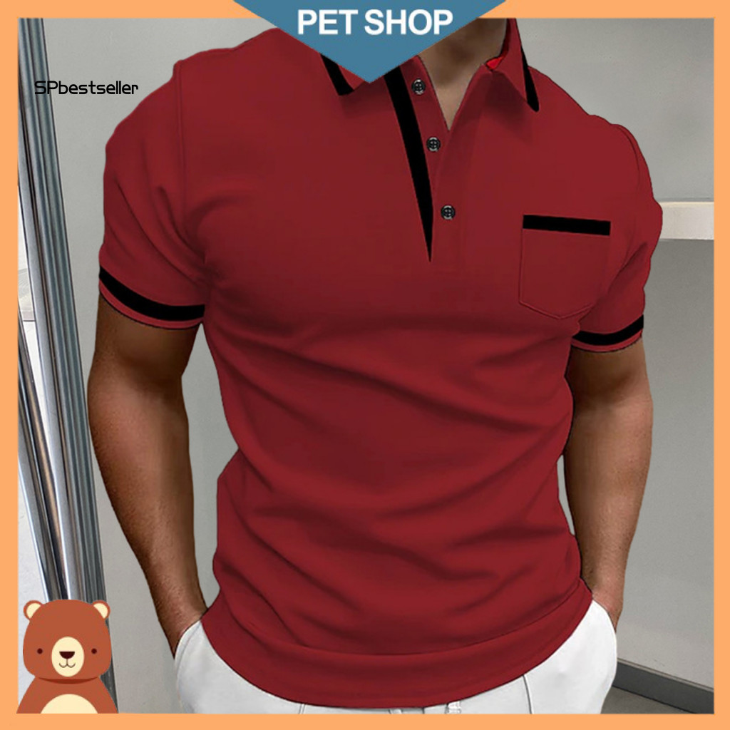 Men Summer Top Casual Shirt Men's Short Sleeve Turn-down Collar Breathable Slim Fit Pullover with Contrast Color Patch P