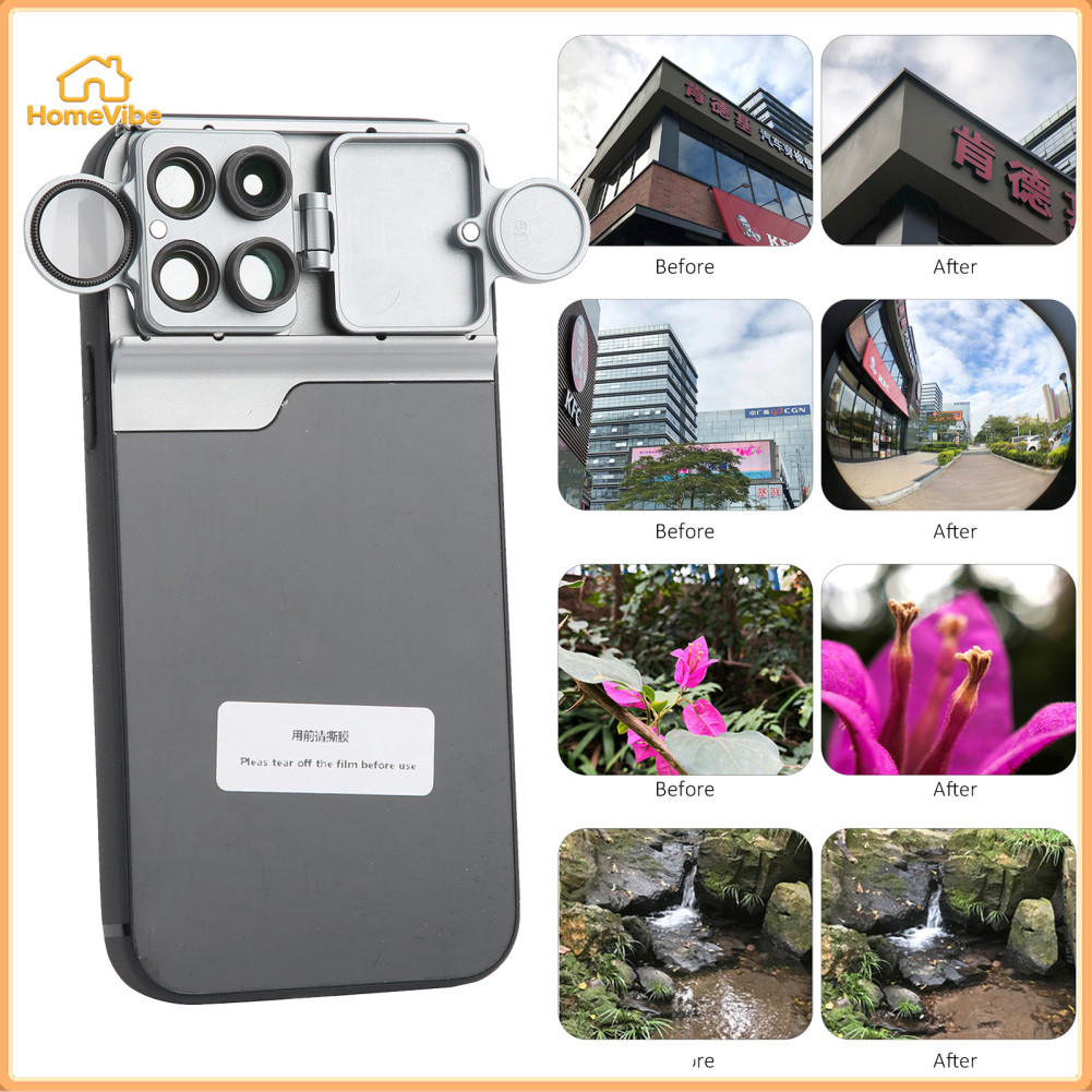 HomeVibe Capa de telefone multilente 4 em 1 Telefoto Macro Fisheye CPL Conjunto Liga de alumínio e borracha macia Capa