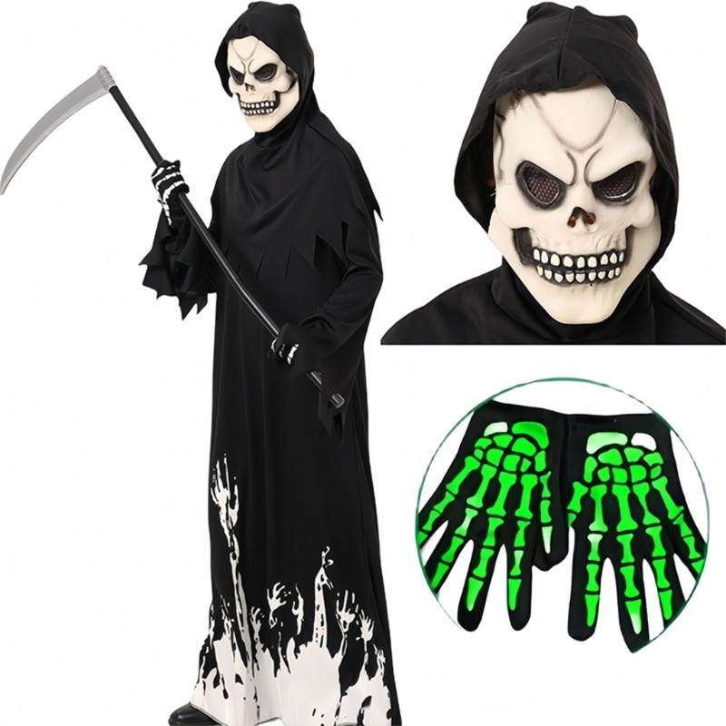 XI Childs Death Dress up Costume Set Crianças Robe Scythe Face Cover Meninos Outfit