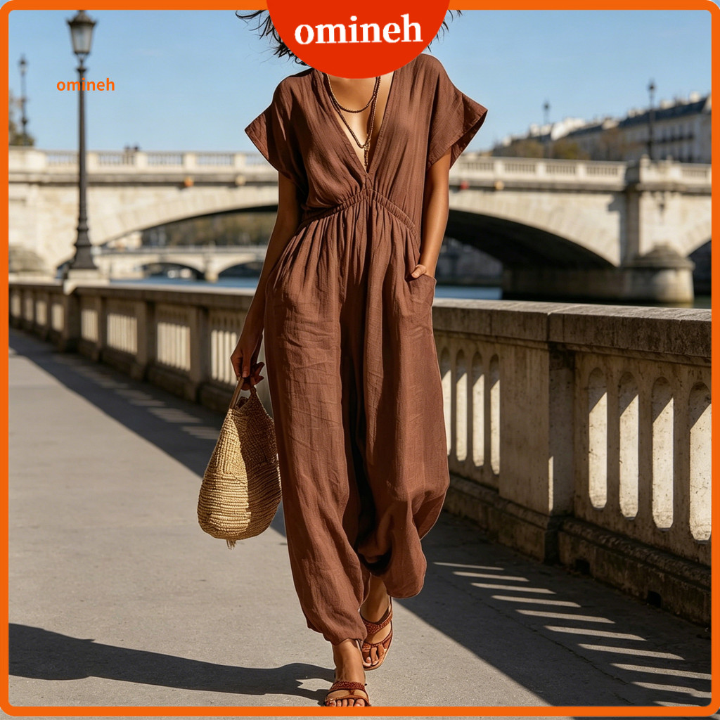 Stretchy Women Romper Plus Size Jumpsuit Women’s Summer V Neck with Pockets Loose Short Sleeve Wide Leg Comfortable Va