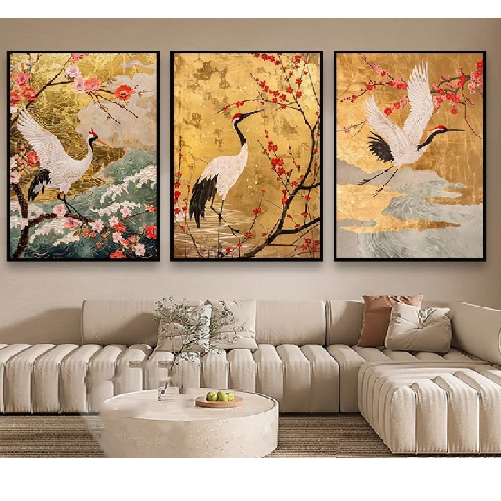 Quadros decorativos Estilo chinês Golden Mountain Pine Tree Crane (3 peças)