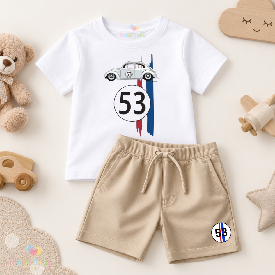 Conjunto Infantil Camiseta e Short Moletinho Fusca 53 Herbie Vintage Desenho Menino Verão Estiloso