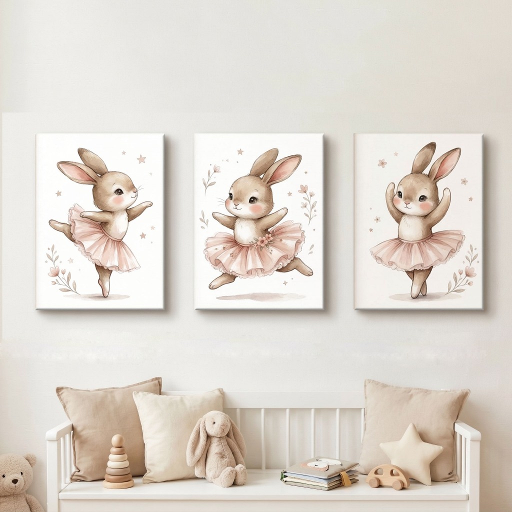 Quadros Infantil Menina Ballet Coelhinha Rosa Kit 3 peças