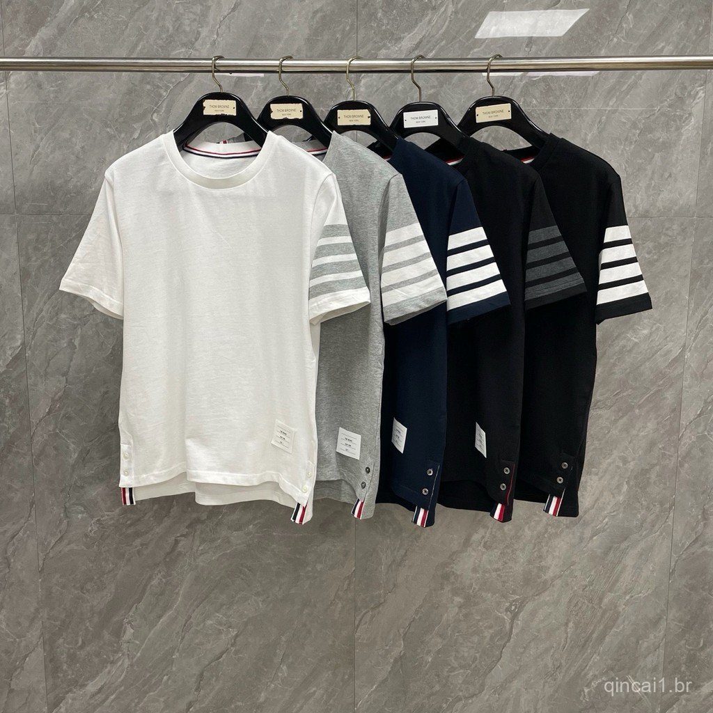 S1OU Summer new classic color-woven four-stripe plain fabric casual round-neck short-sleeve shirt T T-shirt Men and Wome