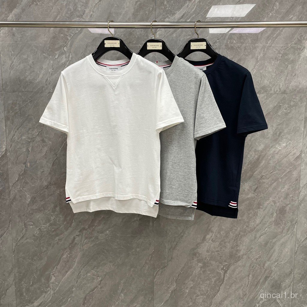 CHHY New Spring and Summer Solid Color Short Sleeve T T-shirt with striped webbing at the bottom corner, plain weave, sh