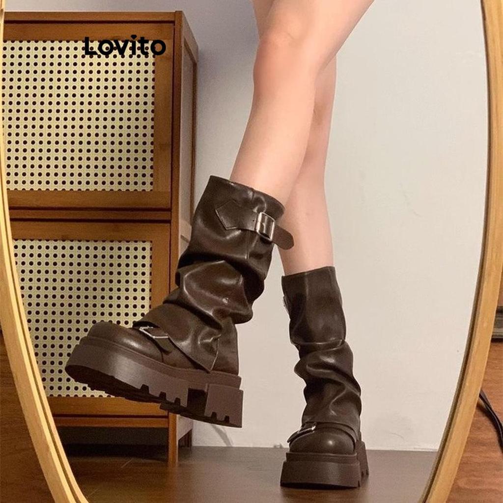 Lovito Férias Vintage Liso Marrom Maillard Retrô Botas Martin Sola Grossa Elevação Versátil Moda Bota Feminina LFA56412