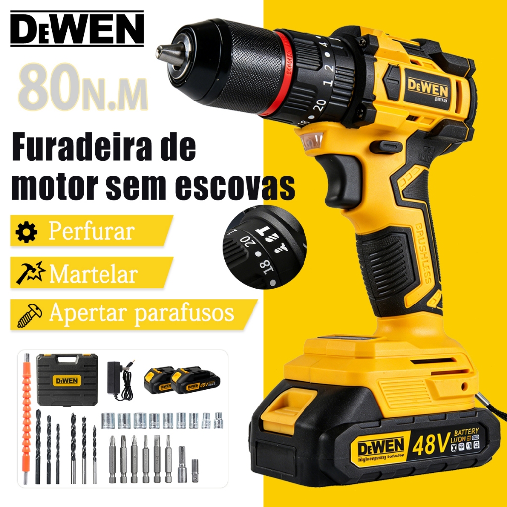 Furadeira Elétrica 48V com 2 Baterias Brushless  Electric Drills 0-2000RPM Torque Máximo 20-80N.M Sem Escovas Taladro