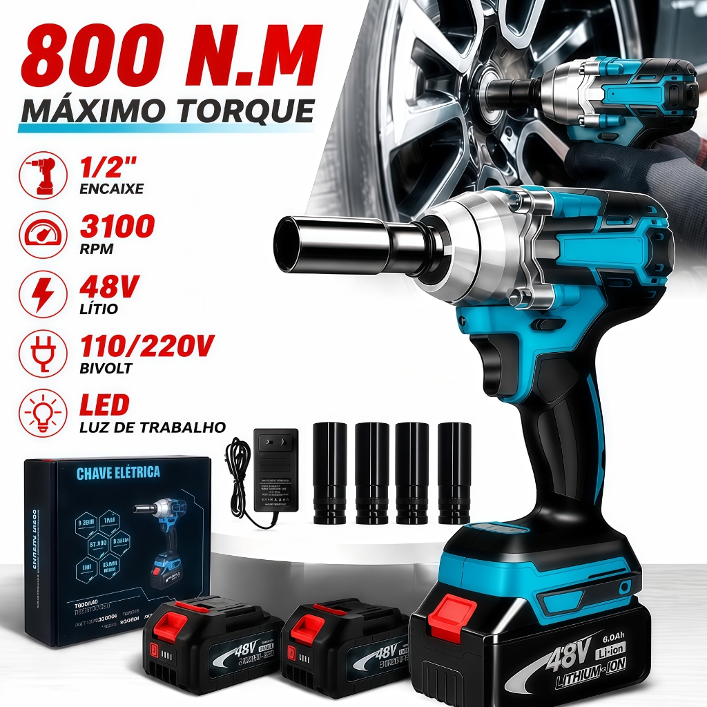 800NM 48V Professional Electric Impact Wrench  Brushless Complete Kit 2 Batteries