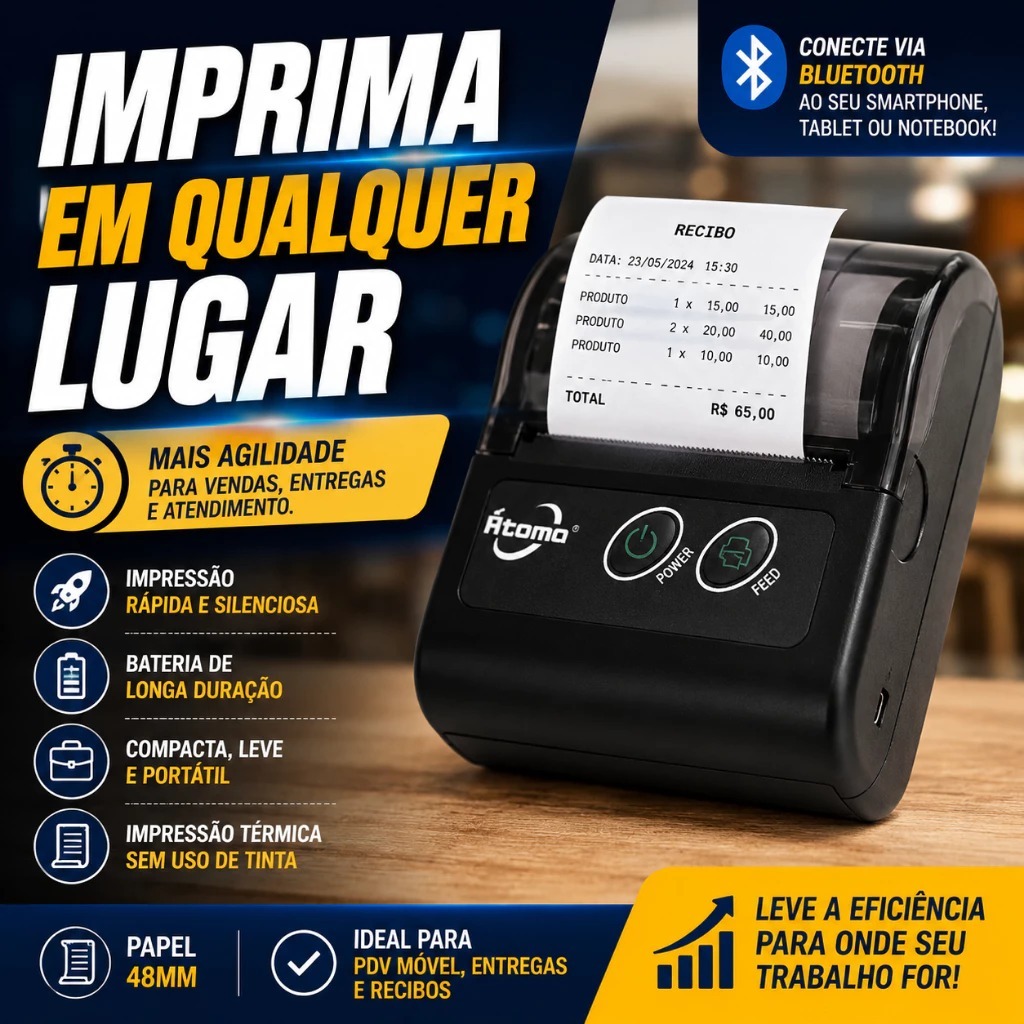 Impressora Térmica Portátil Bluetooth 48mm Recibos Comandas PDV Android iPhone Windows MO-5812