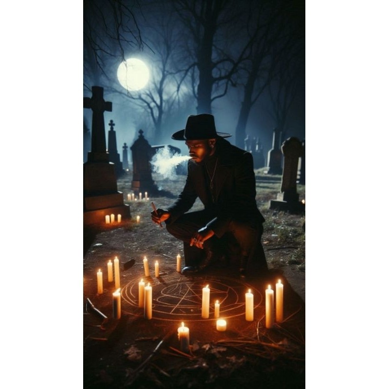 QUADRO DECORATIVO PLACA MDF- EXU CAPA PRETA SENTADO NO CEMITÉRIO COM AS VELAS