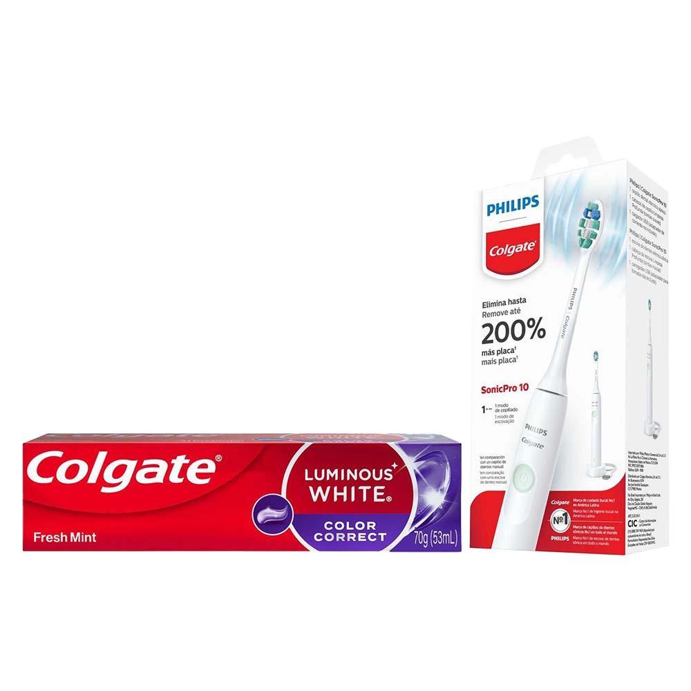 Kit Colgate Creme Dental Clareador Luminous White Color Correct 70g + Escova de Dentes Elétrica SonicPro 10