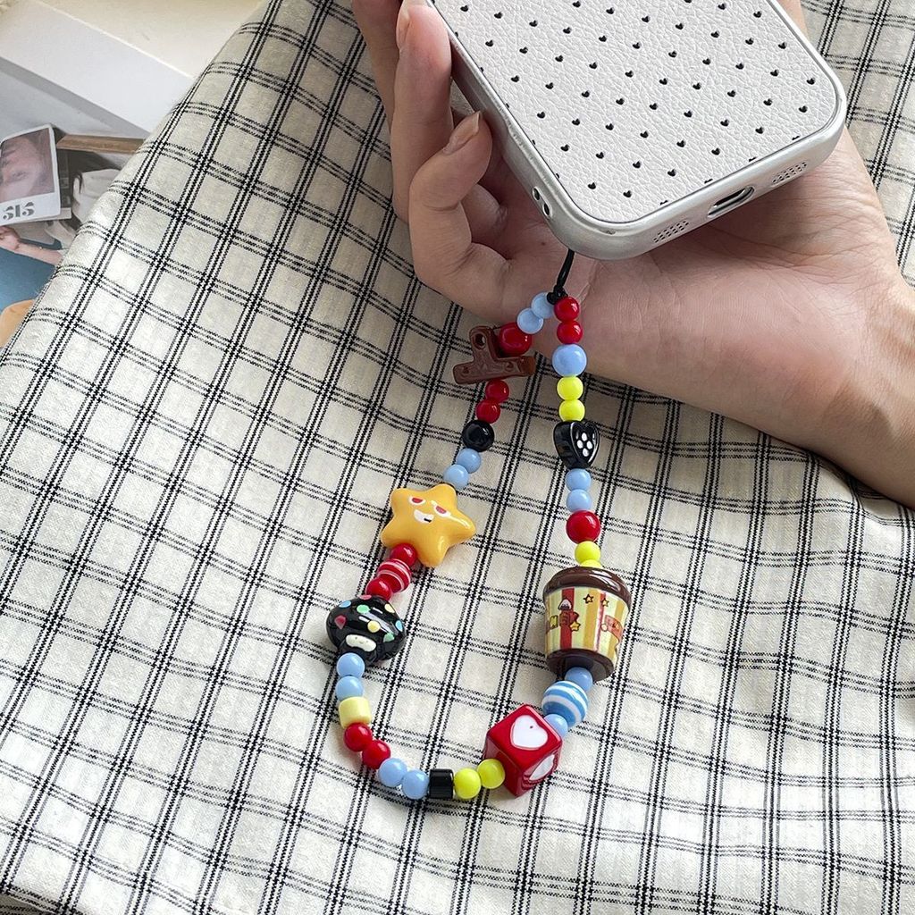 Correia de telefone com estrela amarela estilo cartoon dopamina, corrente de pulso DIY, chaveiro para câmera CCD, acessó