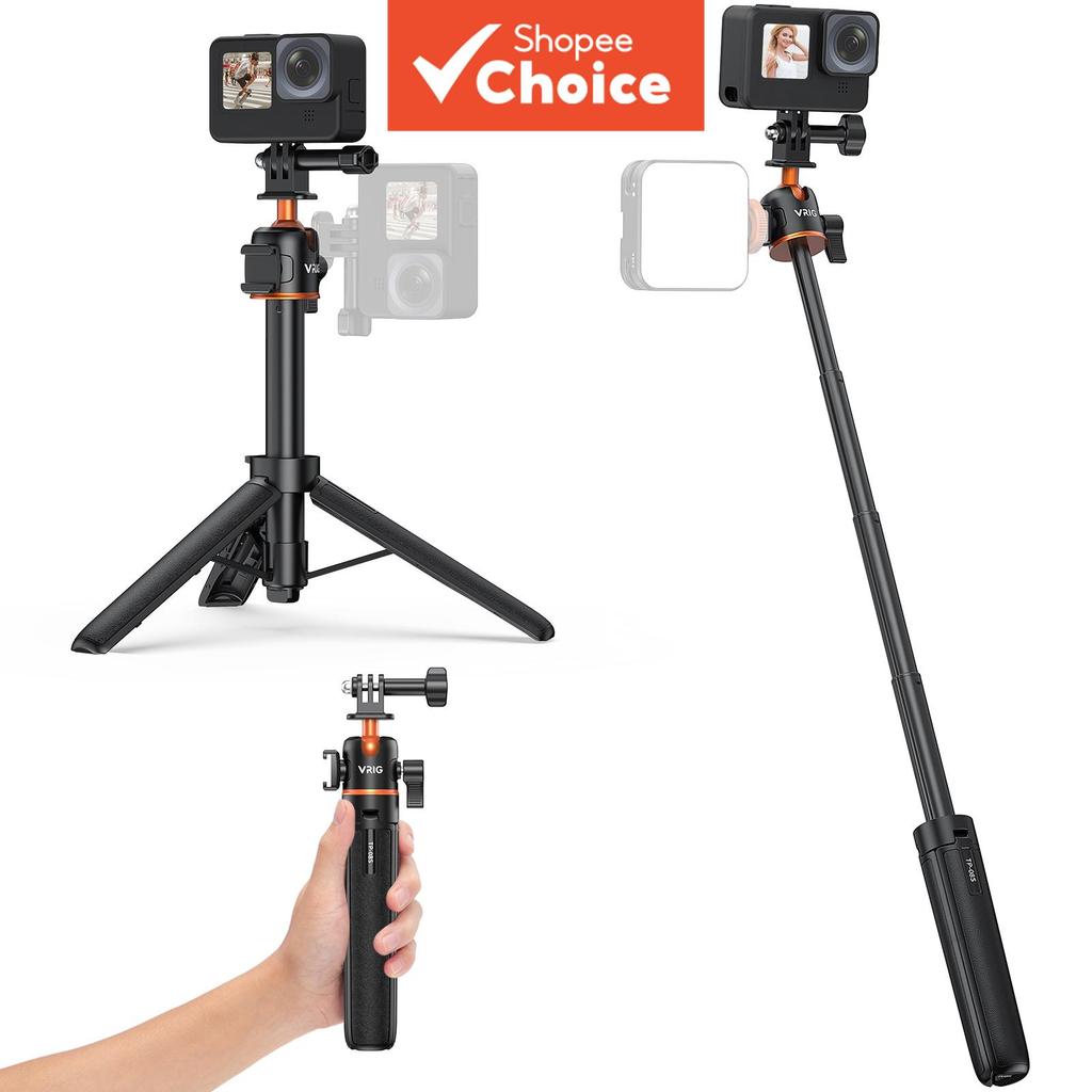 VRIG TP08S Suporte Tripé para Bastão de Selfie de Câmera Esportiva Atualizado, Liga de Alumínio, Altura Máx. 55cm,