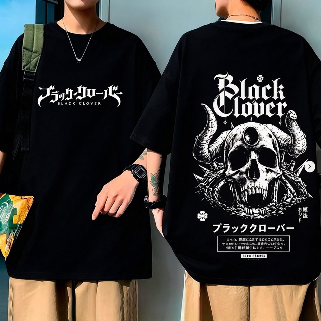 Camiseta Unisex de Alta Qualidade, Design com Caveira Estilizada Tema Black Clover, Estampa com Textos Temáticos em Japo