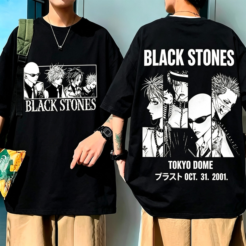 Camiseta Unisex de Alta Qualidade, Design com estampas da banda Black Stones do clássico anime, ilustrações de personage