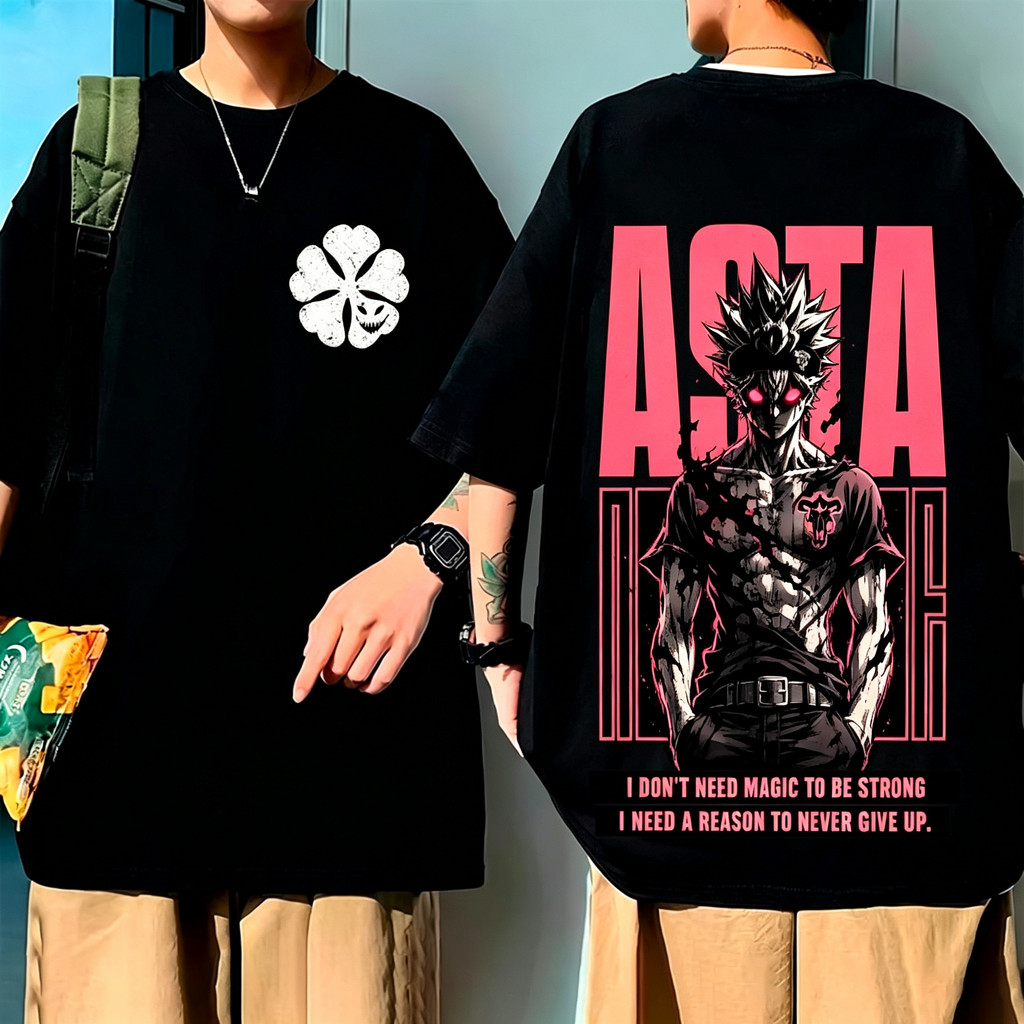 Camiseta Unisex de Alta Qualidade, Design com estampa do personagem Asta de Black Clover, trevo branco estilizado no pei