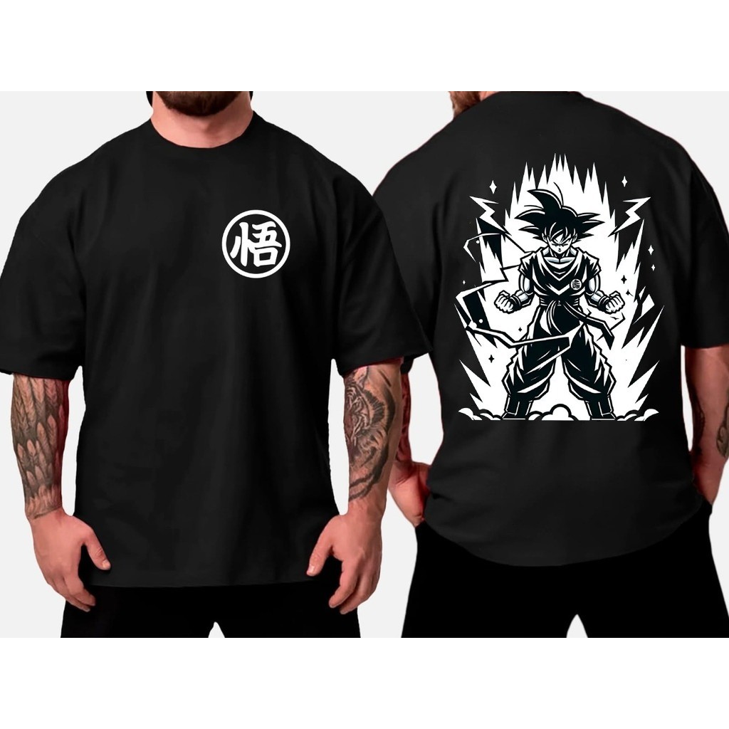 Camiseta Preta Oversized Unisex, Design Personagem Dragon Ball (Estilo Preto e Branco Minimalista), Moda Streetwear Geek