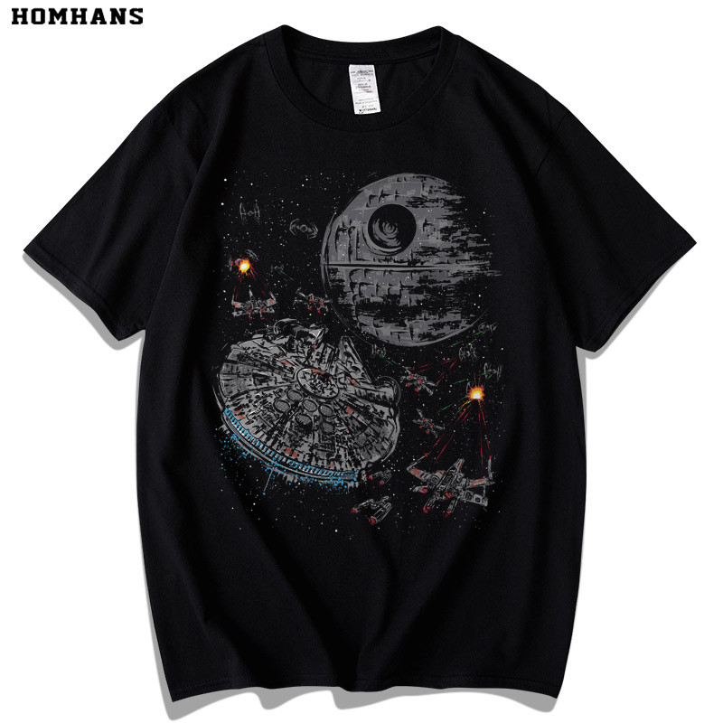 Camiseta Preto Oversized Unisex Batalha Espacial com Milennium Falcon Estrela da Morte de Star Wars