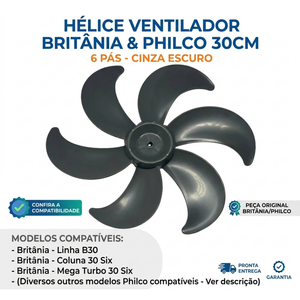 Hélice Britânia 30cm 6 Pás Funda Cinza Escuro Ventilador Reposição