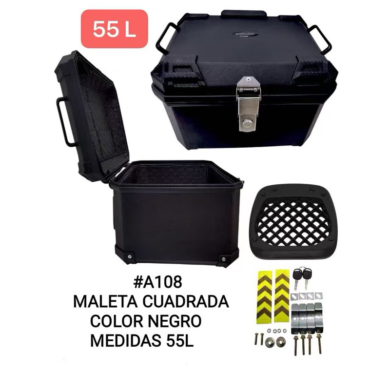 Baú Bauleto Moto 55L Quadrado Preto Modelo A108 Universal C/ Base, Chaves e Kit Fixação