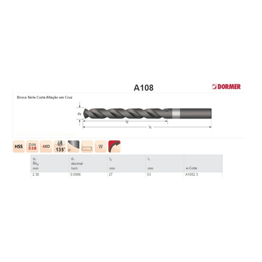 KIT JOGO 2 BROCA AÇO RAPIDO 2,3 MM - DIN338N - A108 - DORMER