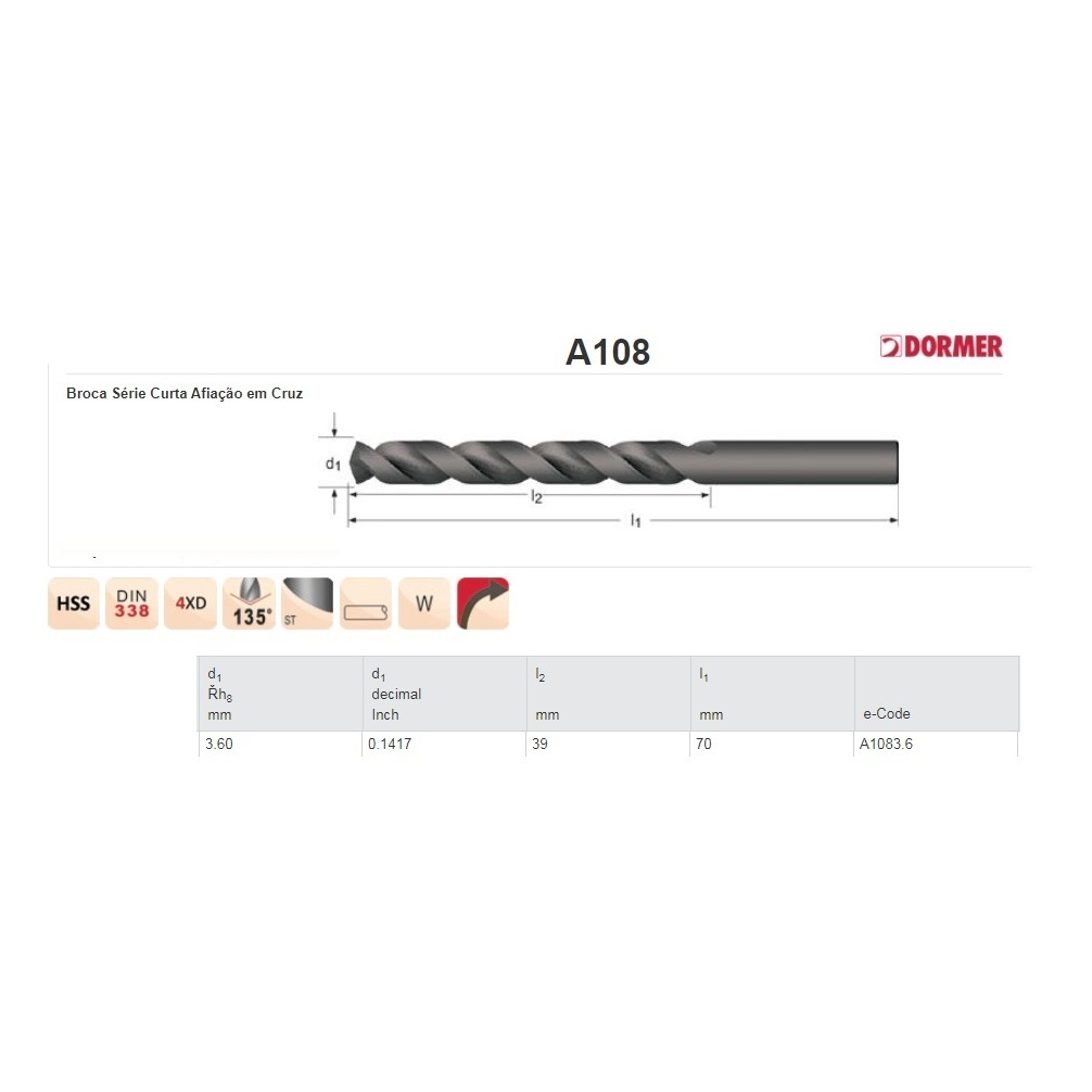 KIT JOGO 3 BROCAS AÇO RAPIDO 3,6 MM - DIN338N - A108 - DORMER