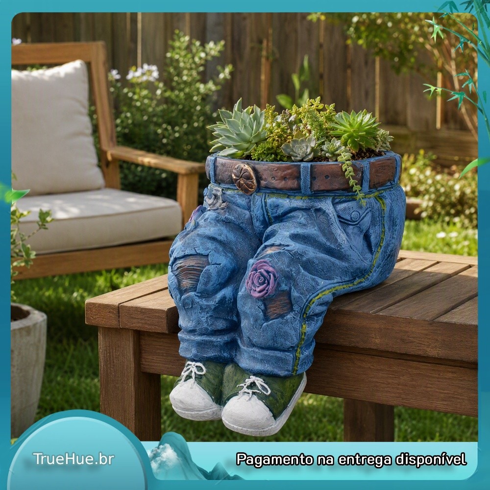 Resina Jeans Plantador Pote Ao Ar Livre Decoração De Jardim Escultura Novidade 6.69x5.91x5.12in