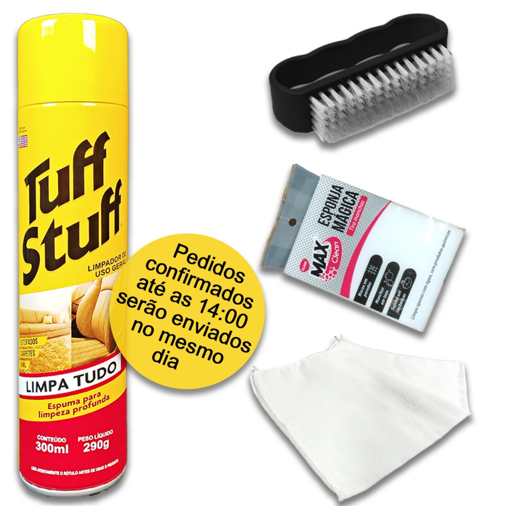 1 Limpa Tudo Tuff Stuff 1 Esponja Magica 1 Flanela 1 Escova Limpeza Espuma Sofá Carpetes Estofados