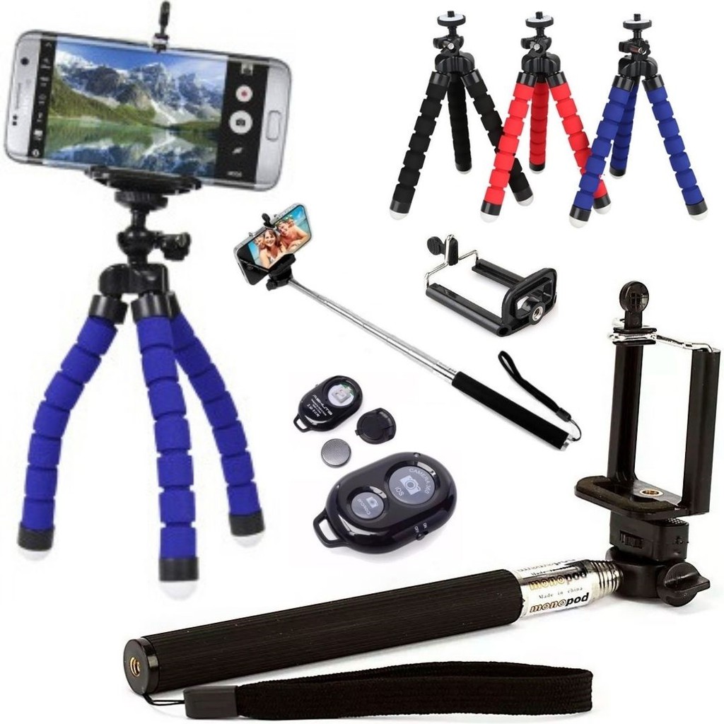 Mini Tripé Flexível + Bastão Pau De Selfie Controle Bluetooth Camera Celular Android Iphone