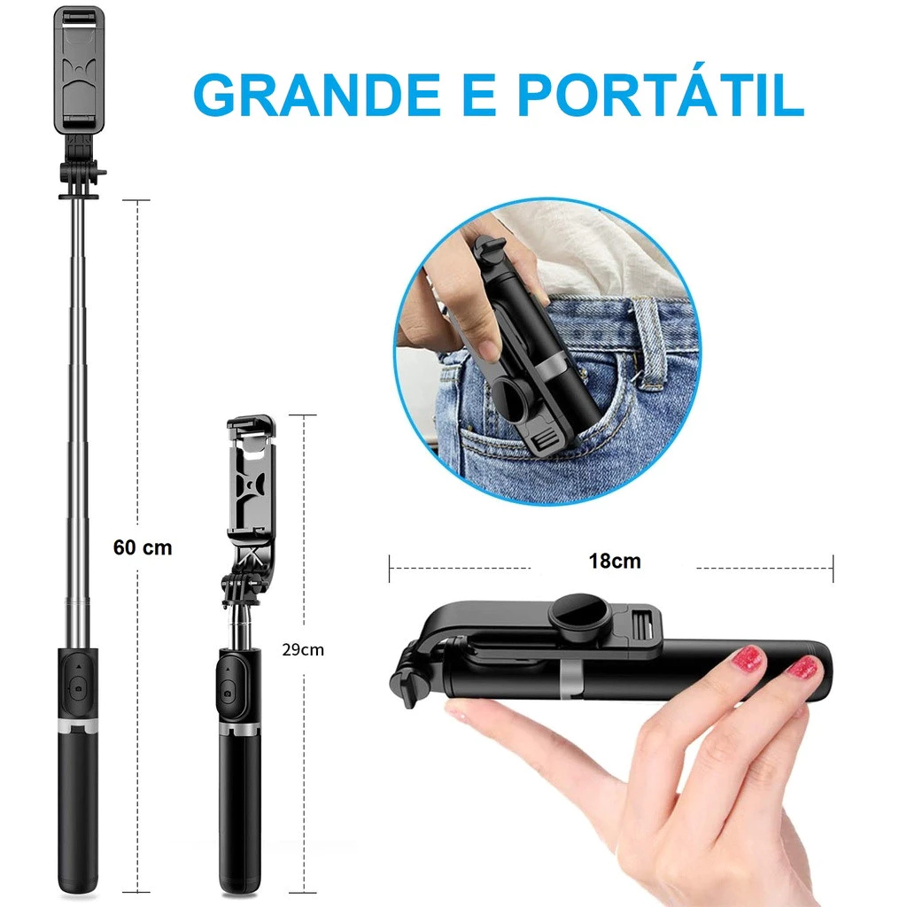 Bastão Selfie Retrátil com Tripé e Controle Bluetooth iPhone Android