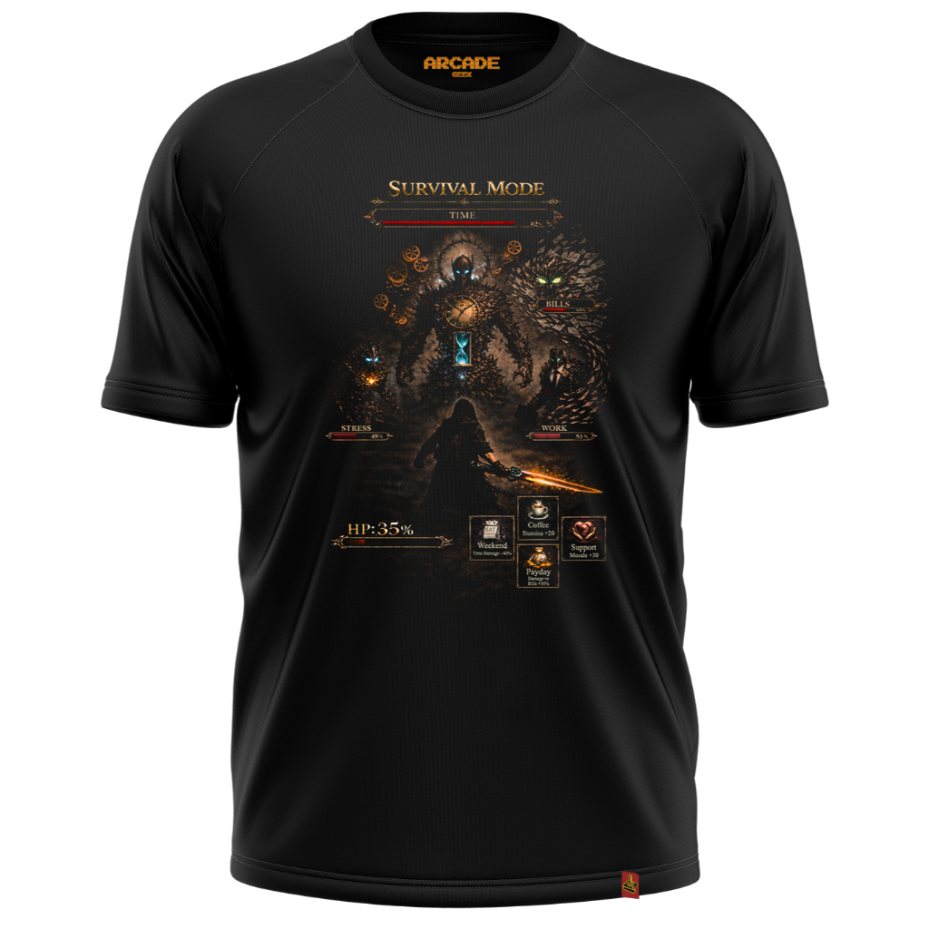 CAMISETA ARCADE GEEK SURVIVAL MODE GAMER LIFE WORK