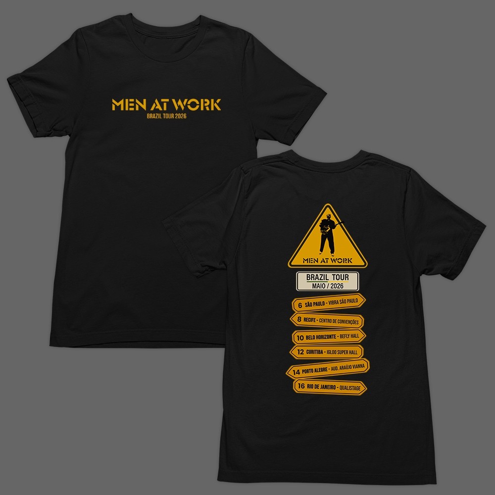 Camiseta Básica T-Shirt Men At Work Brazil Tour 2026 Banda Anos 80 Unissex Envio Rapido