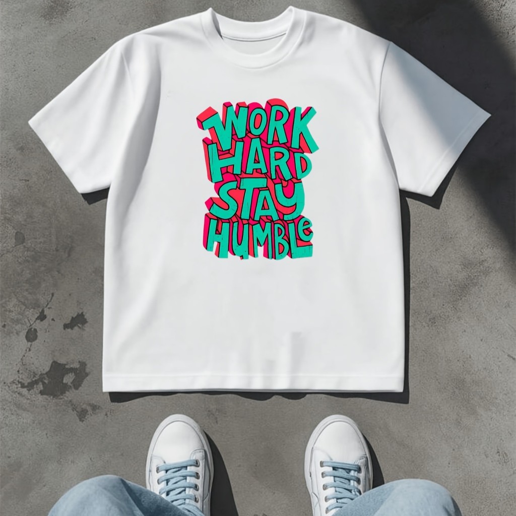 Camiseta Masculina Manga Curta WORK HARD STAY HUMBLE Primavera/Verão 2026\Top Diário Macio e Respirável, Estilo Casual