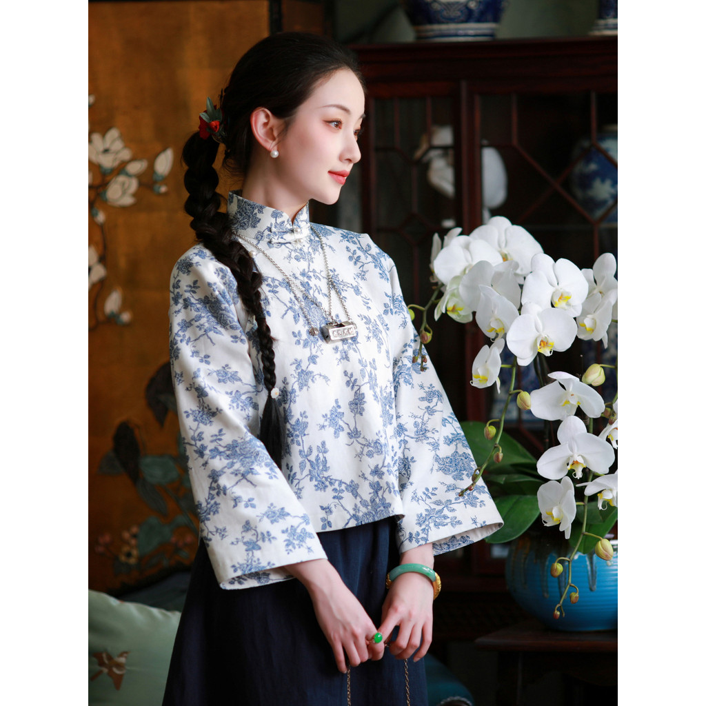 Alley Light Spirit 丨 Battalion estilo Yicheng 丨 Outono Inverno Ramie Impressão entrelaçada Estilo republicano Top Diário