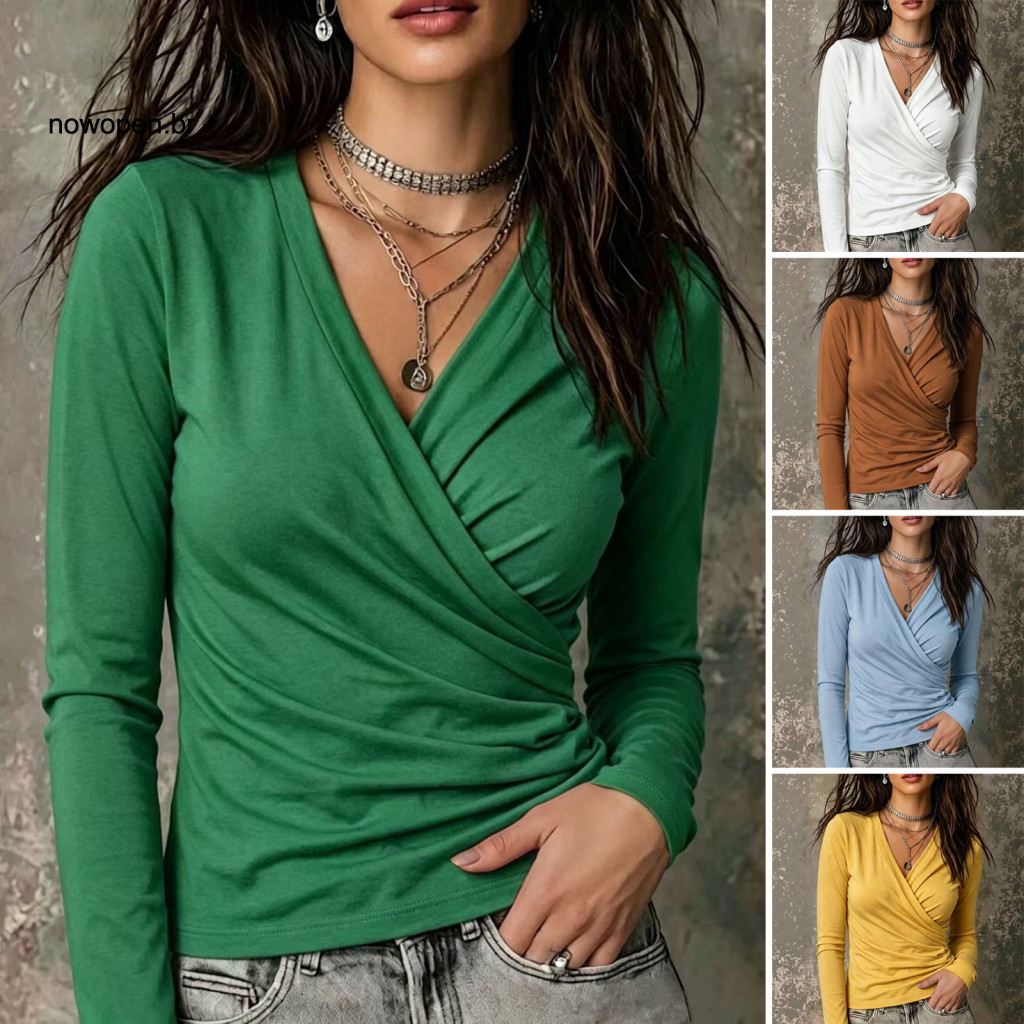 Elegant Solid Color Blouses Women Long Sleeve Blouse Women’s V-neck Slim Fit Pleated Shirt Fall Top for Office and Wea